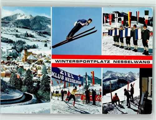 Nesselwang Ortsansicht Skispringer Fahnen Langläufer Winteraufnahme Mehrfachaufnahme