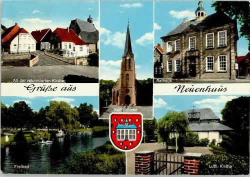 Neuenhaus An der reformierten Kirche Rathaus Kath. Kirche Freibad Luth. Kirche Wappen Mehrfachaufnahme