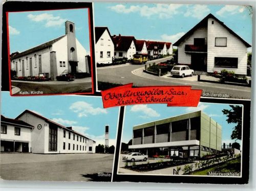 Oberlinxweiler Kath. Kirche Schillerstraße Schule Mehrzweckhalle 4-Bildaufnahme