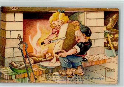 Serie 117 - Käsefondue am Kamin - sehr gute Erhaltung AK Minouvis 1955