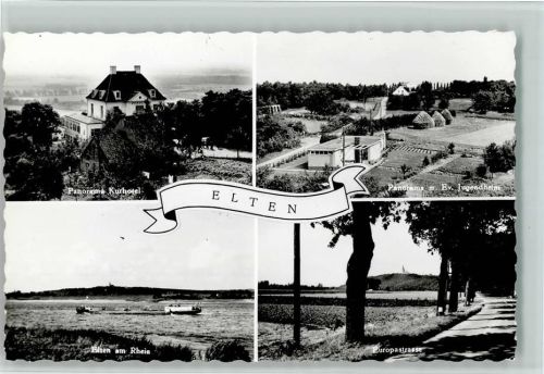 Elten Panorama Kurhotel Panorama mit Ev. Jugendheim Elten am Rhein Frachtschiff Europastrasse 4-Bildaufnahme