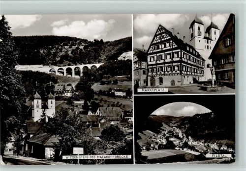 Wiesensteig Ortsansicht mit Malakoffbrücke Marktplatz Brunnen Fachwerkhaus Kirche Filstal 3-Bildaufnahme