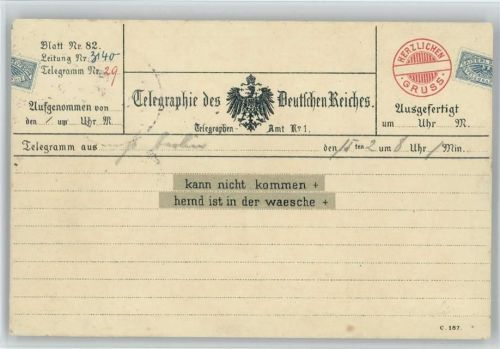 Telegramm - Kann nicht kommen - Hemd ist in der Wäsche - 1914 AK