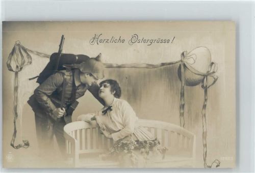 Ostern - Schleife mit einem Osterei - Parkbank und die Liebste bereit für einen Kuss Verlag NPG Nr. 12623 Foto AK