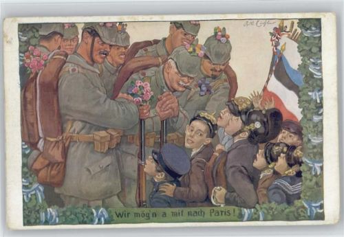 1914 Soldaten Ausmarsch - Helme mit Blumen geschmückt - Kinder staunen