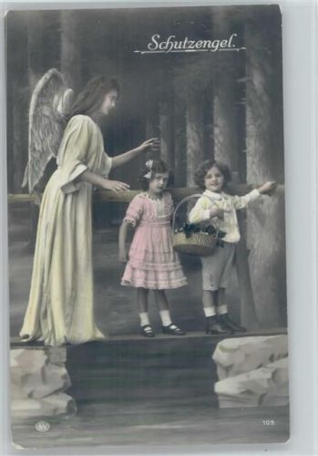 1914 Serie 109 - Kinder gehen über einen Steg, der Schutzengel wacht