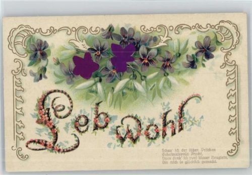1908 Leb Wohl , Gedicht , Veilchen Vergissmeinnicht . Seidenapplikation