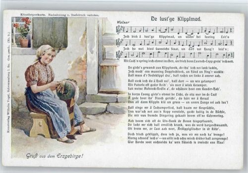 Frau ist am Klöppeln - Lied: De lustige Klipplmad" Verlag Vogel Nr. 9 AK