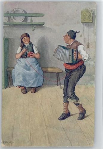 1926 sign Peterka - Humor - im Frauendienst - Bauer mit Quetschkommode und Bäuerin wickelt Wolle auf