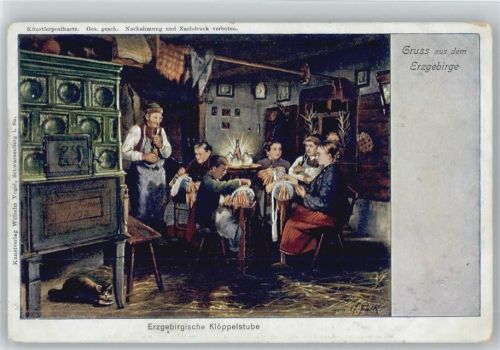 Erzgebirge Klöppelstube , Bauernstube ganze Familie hilft - Kachelofen