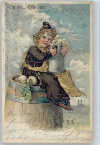 1903 mit Bierkrug, Radi und Bierfass