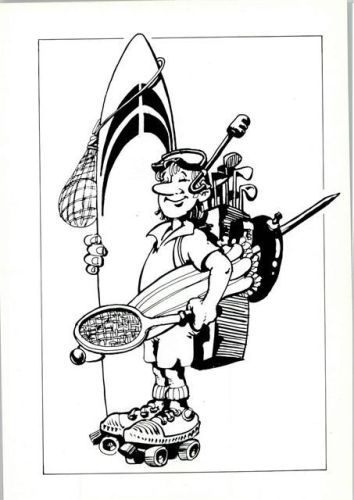 Humor - Mann mit Rollschuhen, Schnorchel, Tennisschläger, Golf Gusrüstung