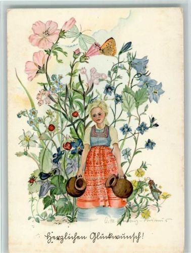 Mädchen mit Wasserkrüge - Blumen und Schmetterlinge ca 1939 AK