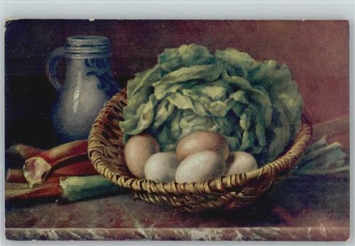 Stilleben - Serie 457 - Früchte, Gemüse, Eier, Weinkrug, Rhabarber Billing, M. 1920 Künstlerkarte