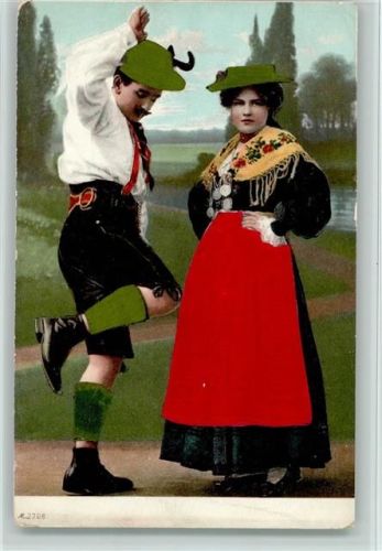 1906 AE Nr. 2708 Stoffapplikation - Bayr. Schuhplattler Volkstanz Trachten
