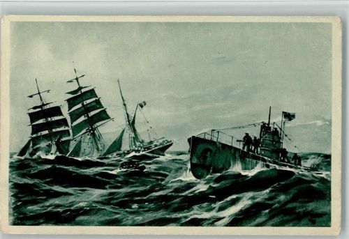 Offizielle Postkarte U-Boot Tag 1917 - Franz. Barke wird im Atlantik versenkt - von Stöwer