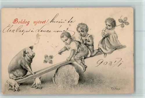 1902 Kinderwippe mit Schweine - Kinderspiele - kl. Flecken