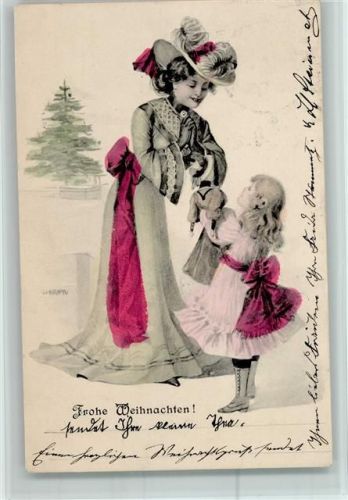 Jugendstil-Mode - Frau und Kind mit einer Puppe AK Weihnachten Braun, W. 1904 Künstlerkarte
