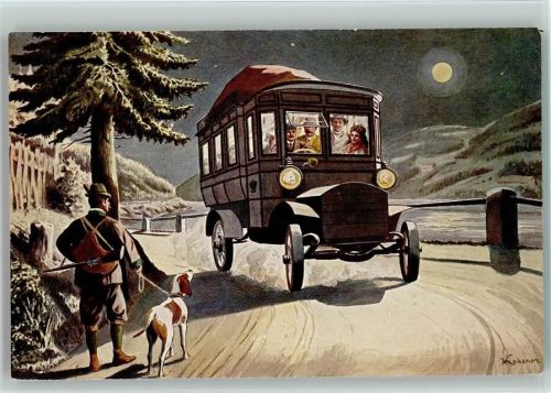 K.K. Automobilpost 1908 - Bei Mondschein, Jäger mit Jagdhund