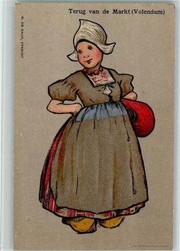 Hollandmädchen mit Holzschuhe - Terug von de Markt Volendam Trachten Ausland 1900 Lithographie