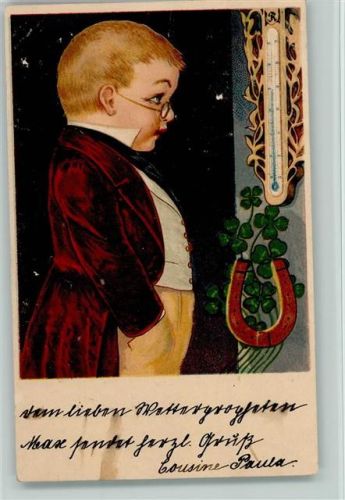 1901 Litho Junge mit Brille schaut ein Thermometer an, Hufeisen, Neujahr