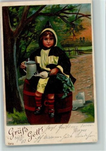sitzt auf einem Bierfass mit Radi und einem Bierkrug 1903 AK