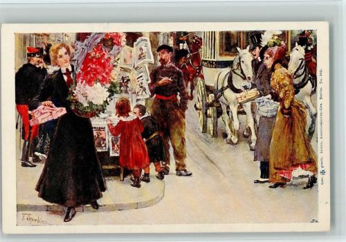 sign Franz Skarbina, Kiosk, Kutsche, Leute mit Geschenken 1900 AK Skarbina, F. Künstlerkarte