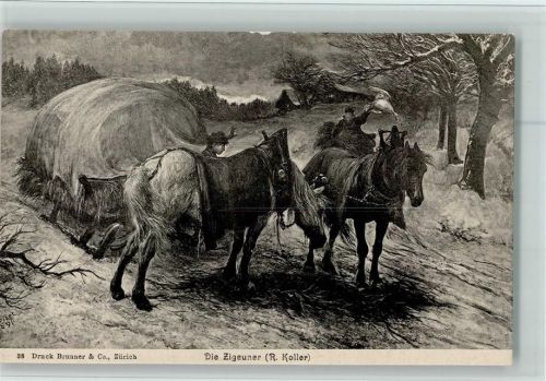 Druck Brunner Nr. 38 Die Zigeuner , Pferdegespann, Heuernte , sehr gute Erhaltung