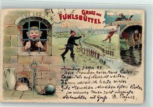 W2000 Fuhlsbüttel Gruss aus - Gefägnis Fuhslbüttel- Ratte frißt das Brot, II-II Erhaltung Gefängnis 1898 Lithographie