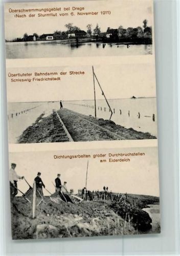 Drage 1911 Überschwemmungsgebiet bei Drage Sturmflut überfluteter Bahndamm Dichtungsarbeiten großer Durchbruchstellen am Eiderdeich
