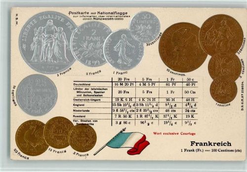 Münzenkarte und Nationalflagge - Frankreich AK