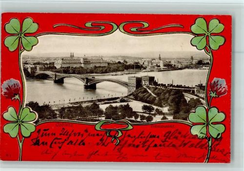 Koblenz 1899 Blick nach Koblenz Brücke Jugendstilrahmen Glücksklee