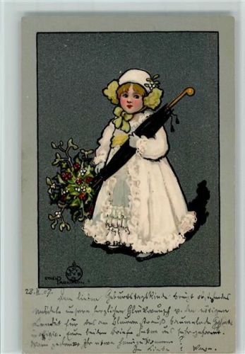 1907 M.M. Vienne 233 Mädchen mit Mistelzweige Stechpalme u. Regenschirm