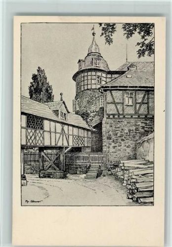Laubach Schloss Federzeichnung sign. Ph. Gönner