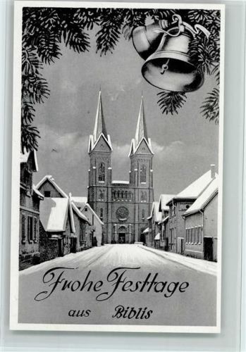 Biblis 1951 Weihnachten, Winter, Kirche, Glocke, sehr gute Erhaltung AK