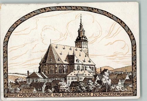 Schneeberg Federzeichnung von Albert Major - St. Wolfgangs Kirche und Bürgerschule - Tannenzapfen Girlande