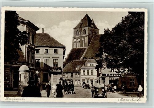 Greifswald 1940-50 Partie an der Marienkirche, Litfaßsäule, Autos, Kutsche, gute Erhaltung AK
