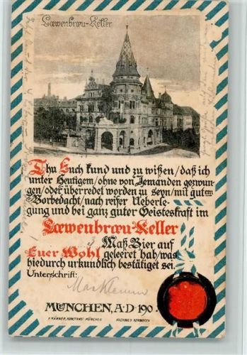 W8000 München Siegelkarte für ein Maß Bier AK Löwenbräukeller 1902 Prägedruck
