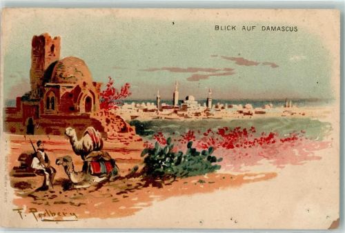 Damaskus Blick auf Damascus Kamele sign F. Perlberg Künstlerkarte KEINE AK Rückseite Geld-Lotterie des St. Marien-Ludwig-Ferdinand-Vereins in München