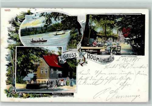 Penig 1905 Höllmühle Teich Garten mit Colonade Restaurant 3-Bildaufnahme