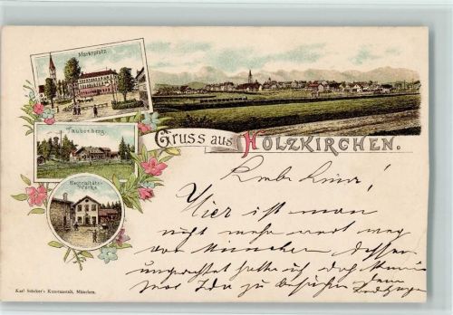 Holzkirchen Lithographie Marktplatz Gesamtansicht Taubenberg Elektrizitätswerk