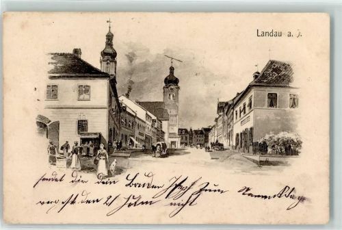 Landau 1904 Stadtpfarrkirche Maria Himmelfahrt Frau mit Hund Pferdefuhrwerk sign.A.I. Zeichnung