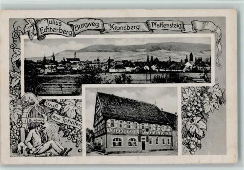 Iphofen Ortsansicht Gasthof zur Sonne Fachwerkhaus Trauben Mann am Weinfass 2-Bildaufnahme