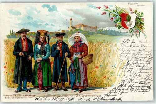 Neuburg 1899 Bayerische Volkstrachten Tabakspfeifen Wappen Lithographie/Künstlerkarte