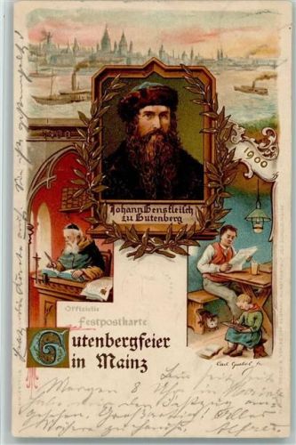 W6500 Mainz a Rhein Gruss aus - Gutenbergfeier AK Gutenberg 1900 Lithographie