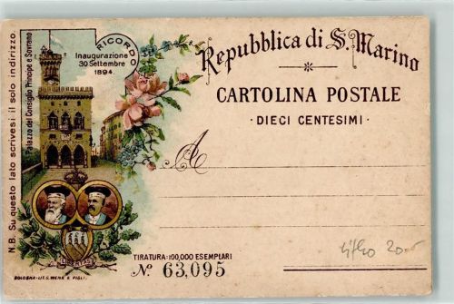 San Marino Inaugurazione 30. September 1894 Nr 63095 Palazzo del Consiglio Principe Sovrano Vorläufer Lithographie