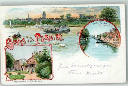 Plau Logirhaus auf dem Klüschenberg Elde Boote Lithographie