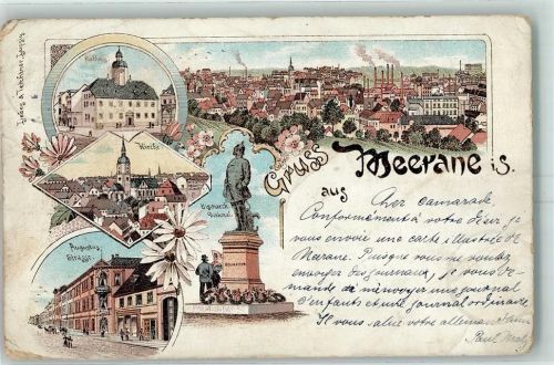 Meerane 1898 Rathaus Kirche Bismarck-Denkmal Augustus-Straße Lithographie