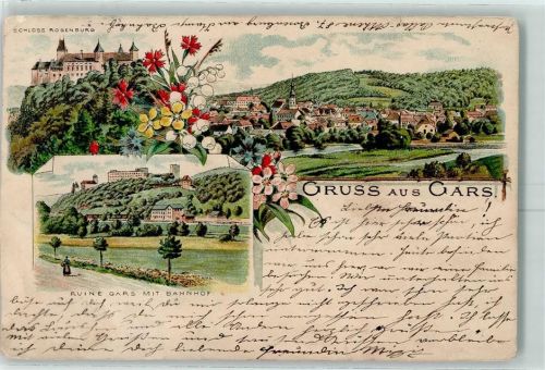 Gars 1896 Schloss Rosenburg Ruine Gars mit Bahnhof Lithographie