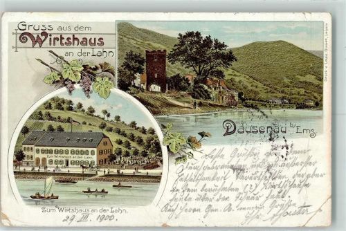 Dausenau Lithographie Vorläufer Druck 1890-1895 Wirtshaus an der Lahn